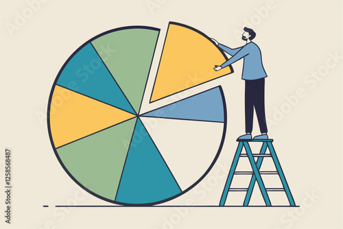 Investment asset allocation and rebalance concept, businessman investor or financial planner standing on ladder to arrange pie chart as rebalancing investment portfolio to suitable for risk and return
