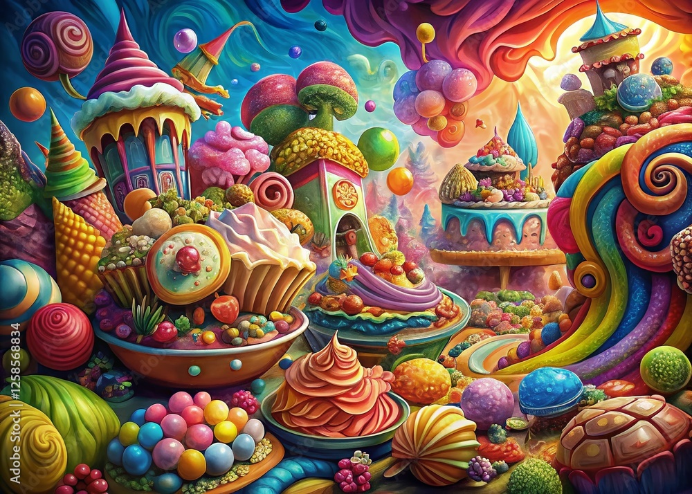 Whimsical Hand-Painted Sweet Treats on Colorful Patterned Background - Stock Photo Whimsical Hand-Painted Sweet Treats on Colorful Patterned Background - Stock Photo