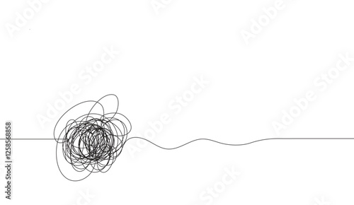 Minimalist illustration depicting a transition from complex entanglement to simple clarity using a single continuous black line against a white background