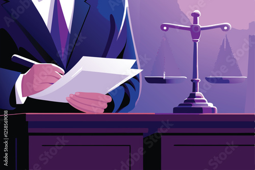 A lawyer meticulously prepares a court case, reviewing documents at a courtroom desk.  Serious expression, legal files visible.