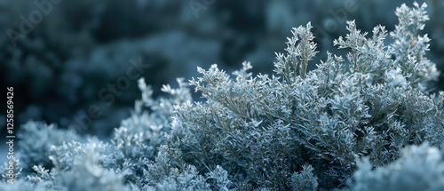 Macro Shot of Frozen evergreen conifer branches covered in delicate frost shimmer in soft winter light. A dreamy, atmospheric nature scene capturing the beauty of icy textures.Generative ai photo