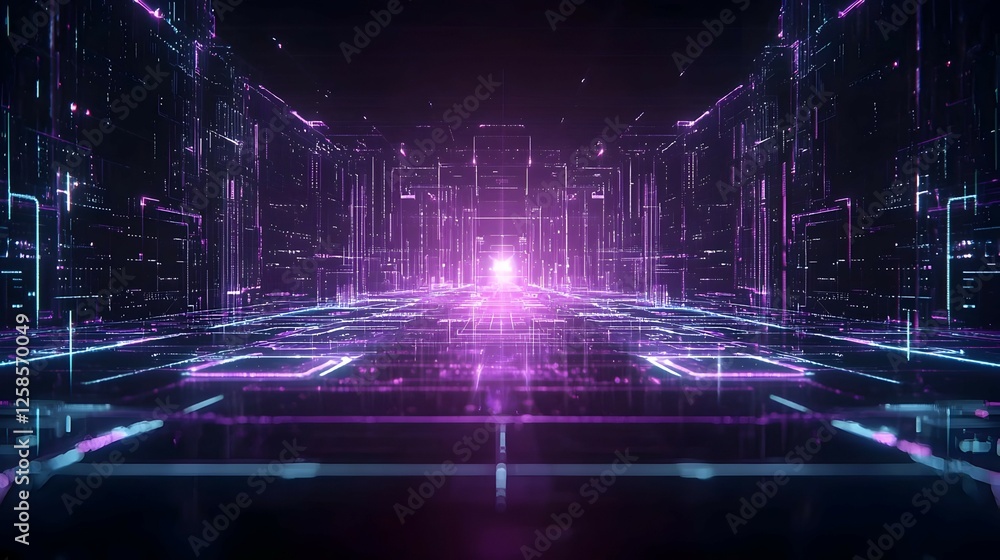Obraz premium Futuristic Digital City Glowing Neon Purple Pink Lines