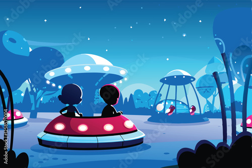 Two adorable alien children with iridescent skin play on futuristic swings in a vibrant, bioluminescent park.