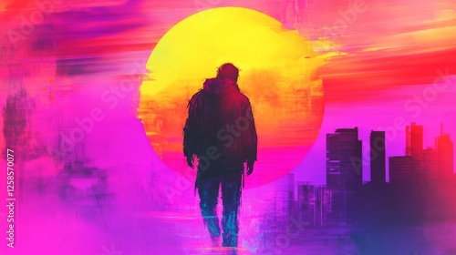 A lone figure walks towards a vibrant sunset over a city skyline. The image is painted in bold, contrasting colors, creating a futuristic and moody atmosphere.