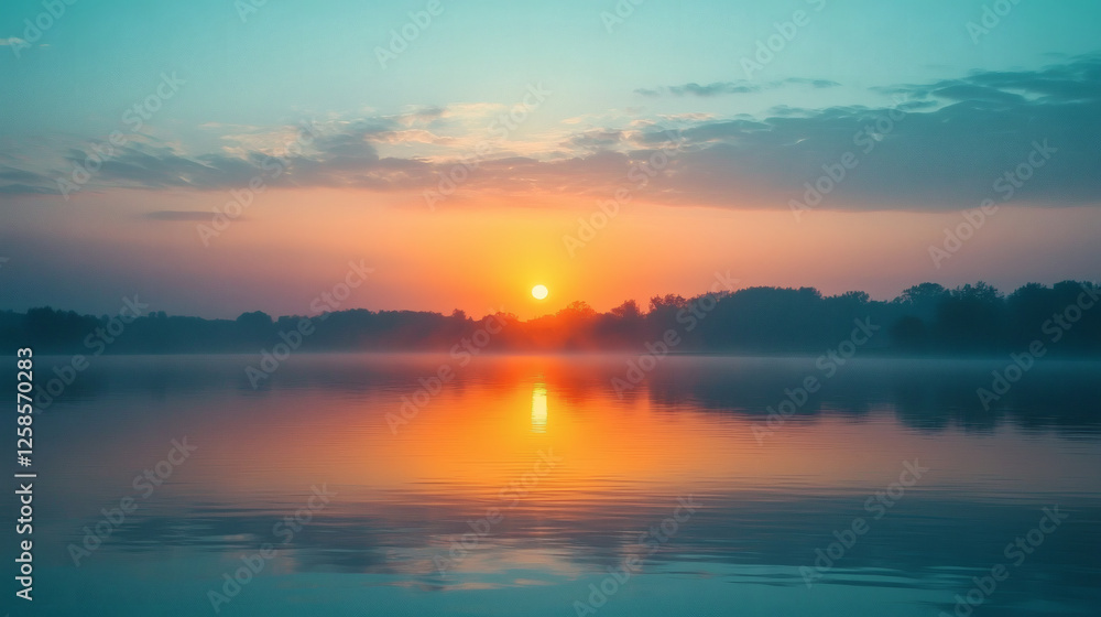 Tranquil sunset reflects orange glow on calm lake surface with silhouette tree line under peaceful blue twilight sky Tranquil sunset reflects orange glow on calm lake surface with silhouette tree line under peaceful blue twilight sky