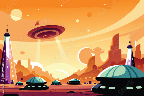 A futuristic Martian cityscape at night, illuminated by vibrant neon lights, showcasing massive alien architecture.  Detailed, photorealistic rendering.
