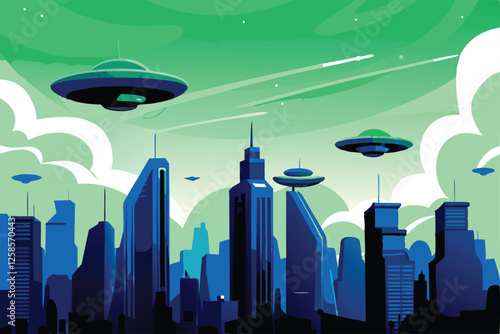 A futuristic alien city skyline at sunset, showcasing gleaming metallic skyscrapers and high-tech architecture.  Detailed, vibrant, and atmospheric.
