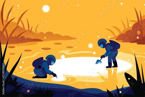 Two bio-suited alien explorers meticulously collect soil samples from an iridescent, bioluminescent alien plant on a newly discovered planet.