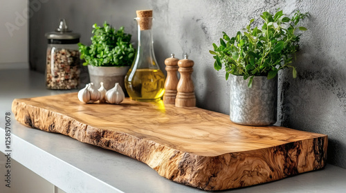 Wallpaper Mural Live edge wooden board with olive oil and potted herbs on rustic kitchen counter, fresh greenery in zinc container, home decor Torontodigital.ca