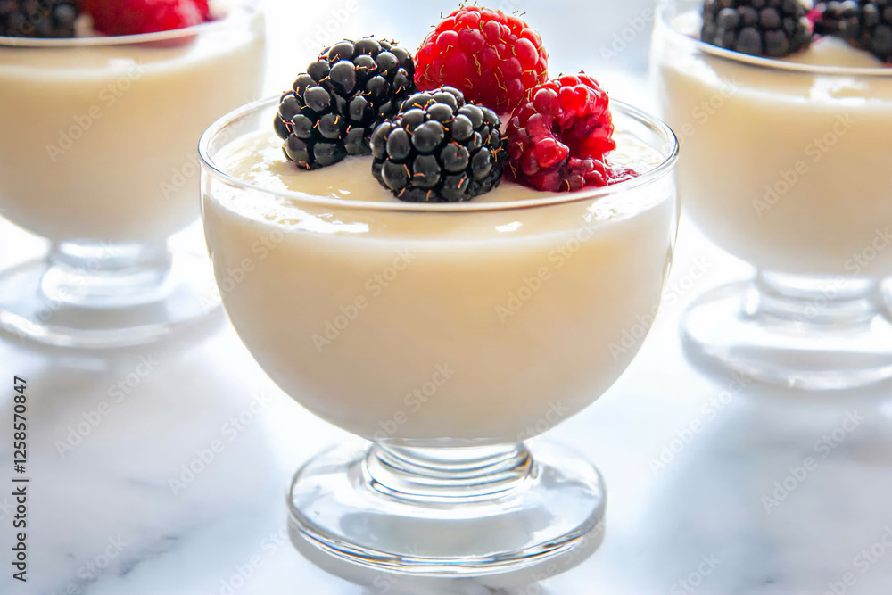  milk pudding with berries on marble
