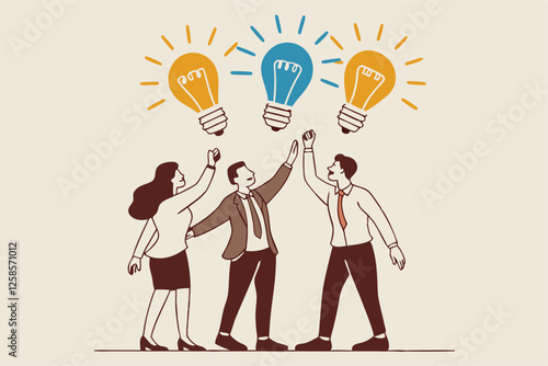 Sharing business ideas, collaboration meeting, sharing knowledge, teamwork or people thinking the same idea concept, smart thinking businessmen people office workers team up share lightbulb lamp idea.