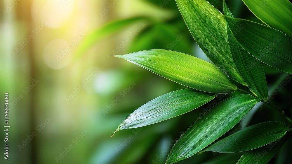 Obraz premium Lush green leaves, sunlight, nature background