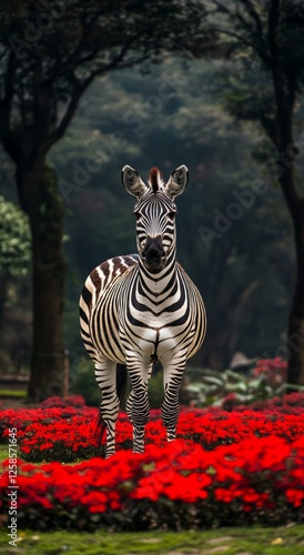 A regal zebra sauntering through a lively garden filled with pink flowers photo