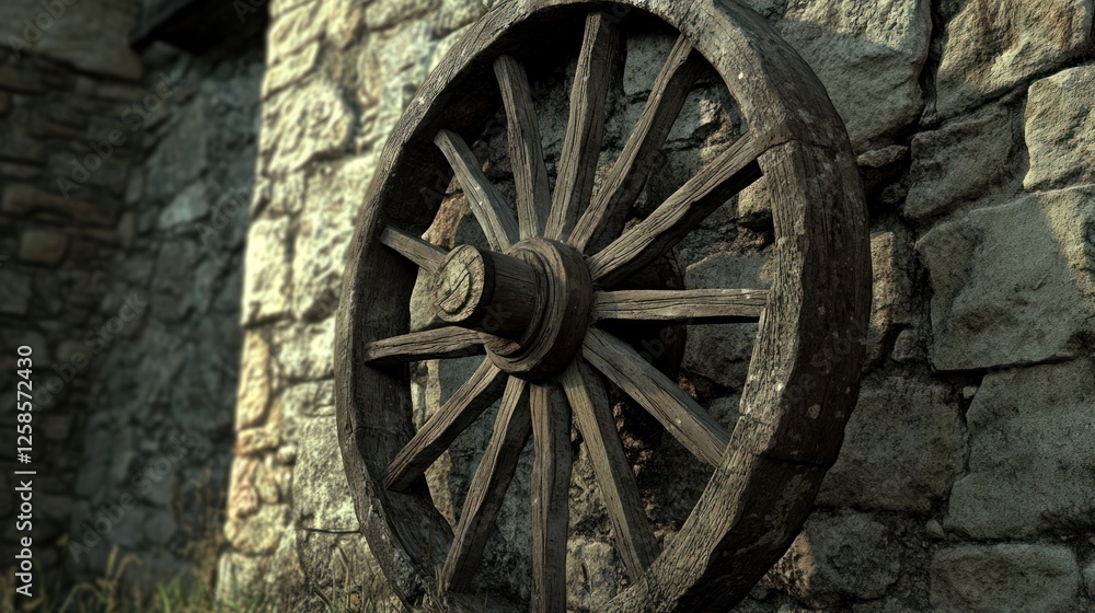 An old wooden wheel mounted against a stone wall, showcasing rustic charm and historical architecture. Perfect for heritage and travel themes. An old wooden wheel mounted against a stone wall, showcasing rustic charm and historical architecture. Perfect for heritage and travel themes.