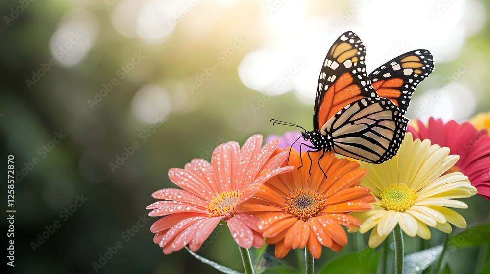 Fototapeta premium Butterfly On Colorful Flowers In Garden