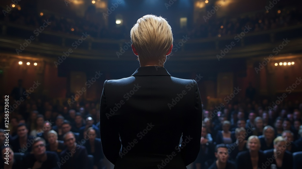 A blonde haired woman gives a speech to a large audience, standing on stage with confidence. The crowd listens attentively, creating a dynamic public speaking atmosphere A blonde haired woman gives a speech to a large audience, standing on stage with confidence. The crowd listens attentively, creating a dynamic public speaking atmosphere