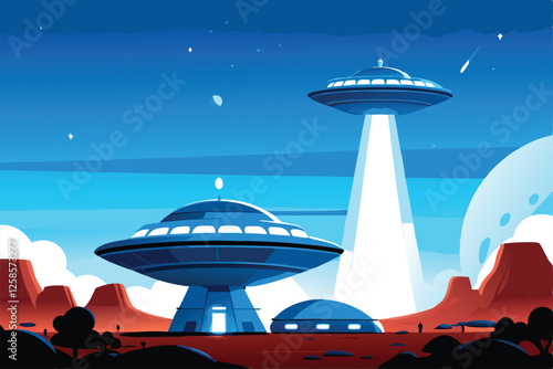 Futuristic Mars space station, multiple alien spacecraft docked, intricate details, advanced technology, red Martian landscape.