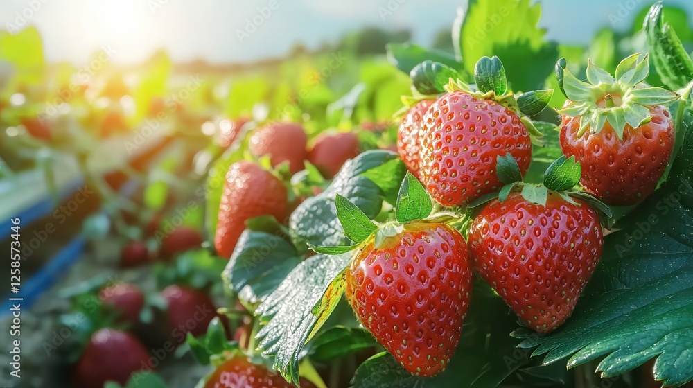 Strawberries hand picking organic goodness. Fresh strawberries growing in a lush green field under sunlight. Strawberries hand picking organic goodness. Fresh strawberries growing in a lush green field under sunlight.