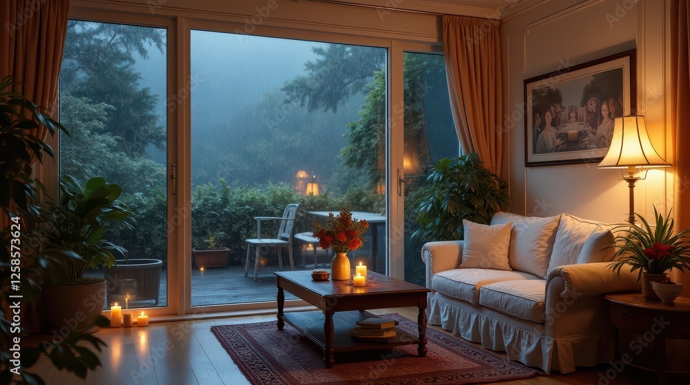 Fototapeta premium Cozy Interior View: Garden Patio on a Foggy Day