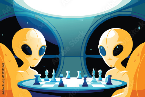 Two alien beings engage in a holographic game of space chess amidst nebulae.  Detailed, vibrant, sci-fi art.