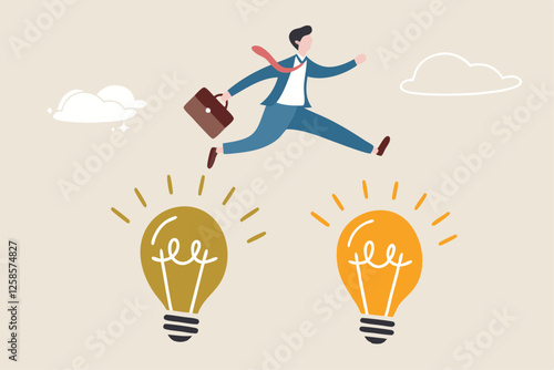 Business transformation, change management or transition to better innovative company, improvement and adaptation to new normal concept, smart businessman jump from old to new shiny lightbulb idea.
