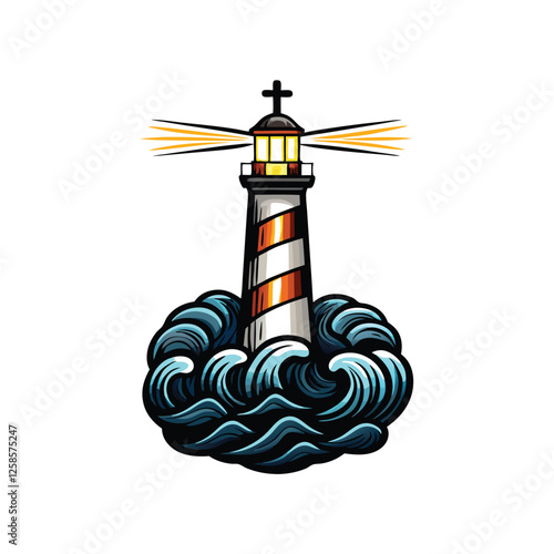A majestic coastal lighthouse, topped with a prominent cross, emits a radiant beam of light across a turbulent sea at night.