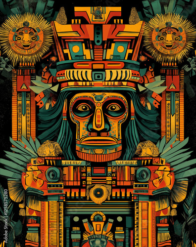 Vibrant Aztec-Inspired Wooden Artwork – Handcrafted Tribal Totem, Colorful Indigenous Wall Art, Cultural Folk Design, Ancient Symbolic Patterns, Ethnic Decorative Sculpture