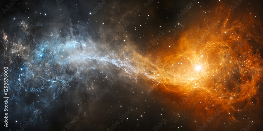 Fototapeta premium Cosmic Collision: A mesmerizing cosmic event unfolds before your eyes, where two swirling nebulae of contrasting blue and fiery orange collide in a breathtaking display of celestial energy.