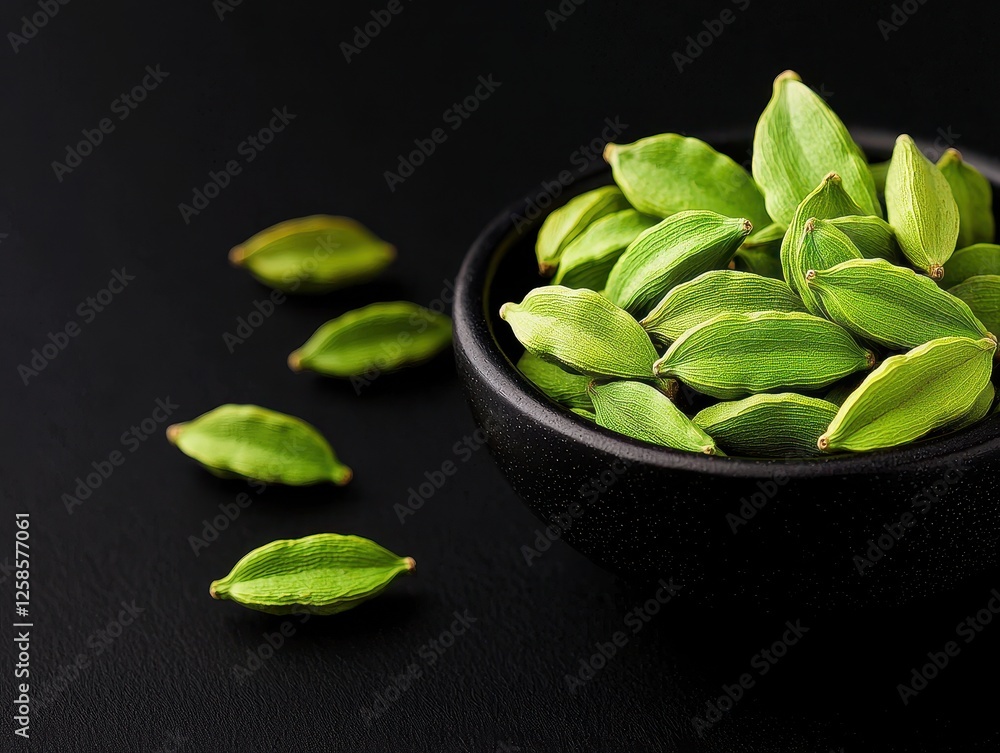 Fresh green cardamom pods in a black bowl on a dark background. Fresh green cardamom pods in a black bowl on a dark background.