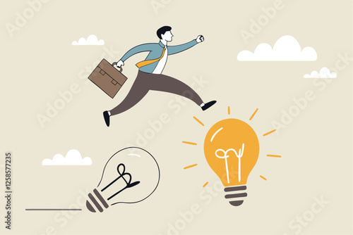 Business transformation, change management or transition to better innovative company, improvement and adaptation to new normal concept, smart businessman jump from old to new shiny lightbulb idea.