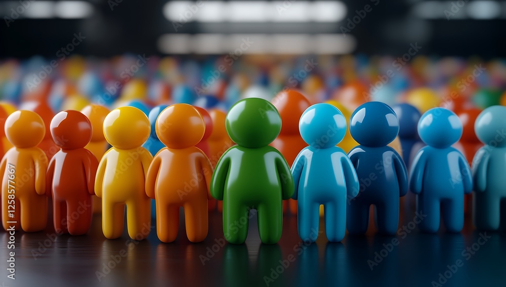 A diverse group of colorful, glossy figures stand together, symbolizing unity and diversity in a crowd A diverse group of colorful, glossy figures stand together, symbolizing unity and diversity in a crowd