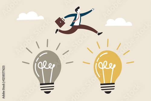 Business transformation, change management or transition to better innovative company, improvement and adaptation to new normal concept, smart businessman jump from old to new shiny lightbulb idea.