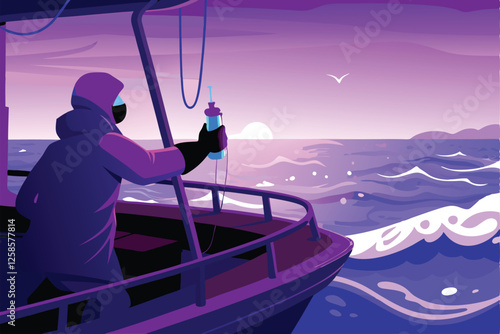 A marine biologist aboard a research vessel diligently collects a water sample for analysis, using specialized equipment.