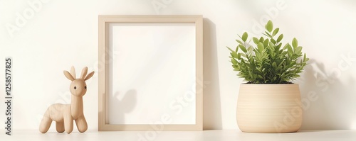 Minimalist white frame mockup with decorative plant and wooden figure stylish home decor indoor setting aesthetic design
