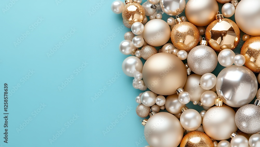 Elegant gold and cream Christmas baubles create a festive border on a light blue background Elegant gold and cream Christmas baubles create a festive border on a light blue background