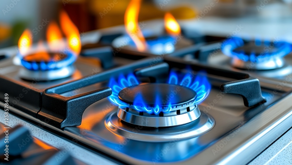 Close-up view of a modern gas stove with multiple burners ignited, showing vibrant blue and orange flames Close-up view of a modern gas stove with multiple burners ignited, showing vibrant blue and orange flames