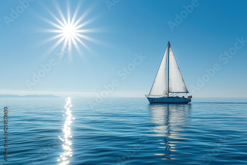 A serene sailboat glides across calm waters under a radiant sun.