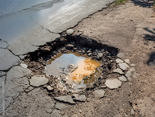 Pothole on Asphalt Road: A large pothole filled with water reflects the sky, surrounded by cracked asphalt. This image depicts the damage and need for road repairs. photo