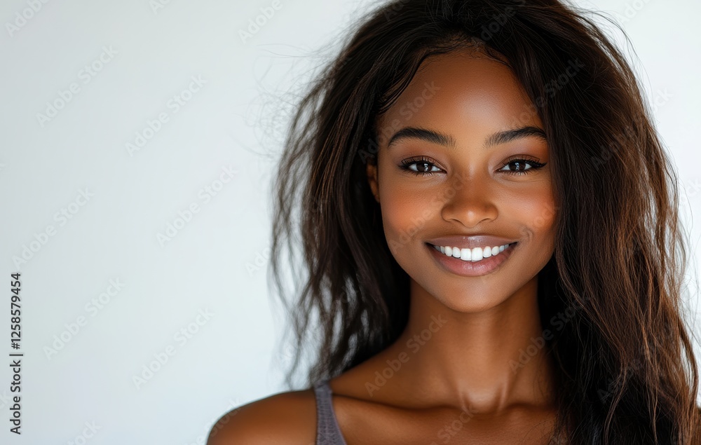 A close up of a happy smiling portrait black woman with simple hair and a joyful smile in a vivid colorful shirt on clear white background. A close up of a happy smiling portrait black woman with simple hair and a joyful smile in a vivid colorful shirt on clear white background.