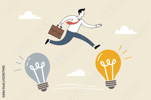Business transformation, change management or transition to better innovative company, improvement and adaptation to new normal concept, smart businessman jump from old to new shiny lightbulb idea.