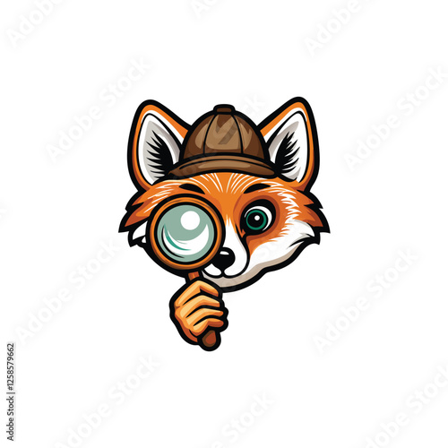 A sly fox, wearing a detective's fedora, mischievously holds a magnifying glass, poised for investigation.  Detailed fur, sharp features.