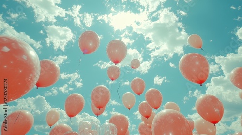 Peach balloons float against sunny sky