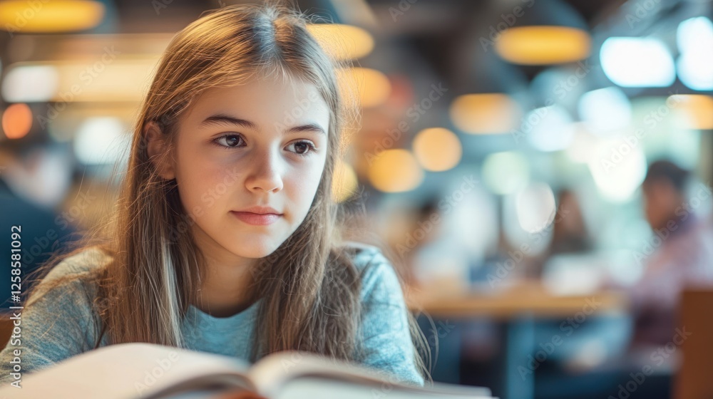 A young girl is deeply focused on reading a book in a cozy cafe setting, with soft lighting highlighting her thoughtful expression. A young girl is deeply focused on reading a book in a cozy cafe setting, with soft lighting highlighting her thoughtful expression.