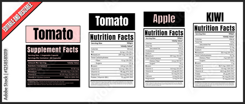 Tomato Apple Kiwi Nutrition facts, tomato supplement facts, nutrition facts label, vitamin facts, food nutrition information