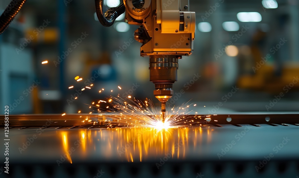 Industrial Laser Cutting Machine Sparks Fly While Cutting Metal Plate with Precision Industrial Laser Cutting Machine Sparks Fly While Cutting Metal Plate with Precision