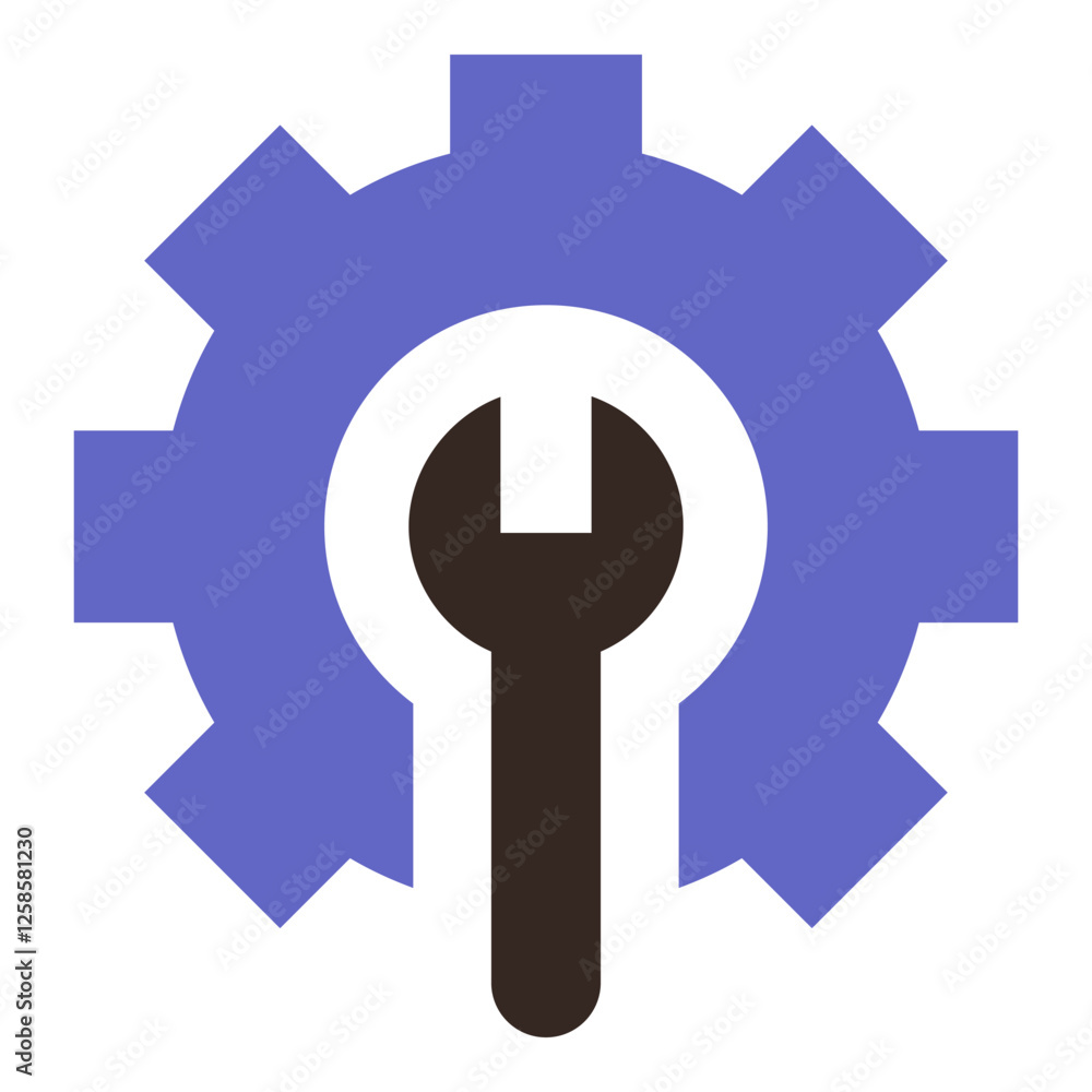 Wrench overlapping blue gear highlights tools and machinery. Ideal for repair, engineering, technology, system setup, manufacturing, optimization, and software maintenance. Flat color icon Wrench overlapping blue gear highlights tools and machinery. Ideal for repair, engineering, technology, system setup, manufacturing, optimization, and software maintenance. Flat color icon