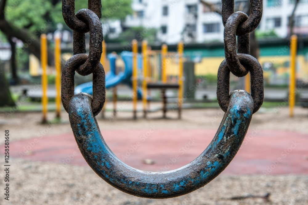 Rusty Swing Chain in Abandoned Playground with Colorful Equipment Rusty Swing Chain in Abandoned Playground with Colorful Equipment