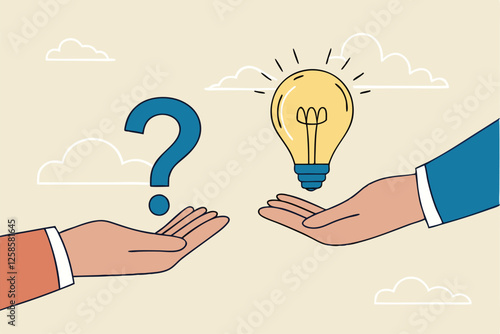 Question and answer, solving problem or business solution, ask for reply or idea to solve difficulty and trouble, FAQ concept, businessman hand holding question mark with other reply with lightbulb.