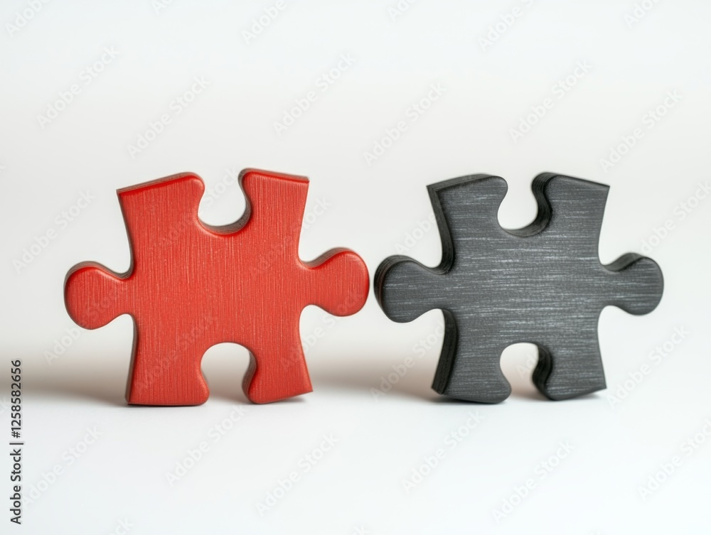Red and black puzzle pieces connecting on white background Red and black puzzle pieces connecting on white background