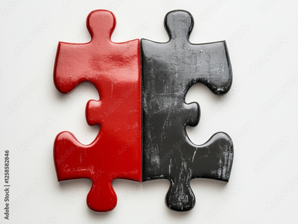 Red and black puzzle pieces joining on white background Red and black puzzle pieces joining on white background